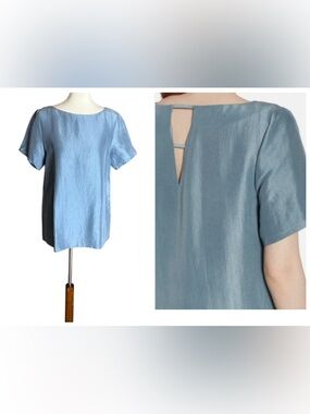 Eileen Fisher steel blue silk dupioni short sleeve blouse with back cutout Small